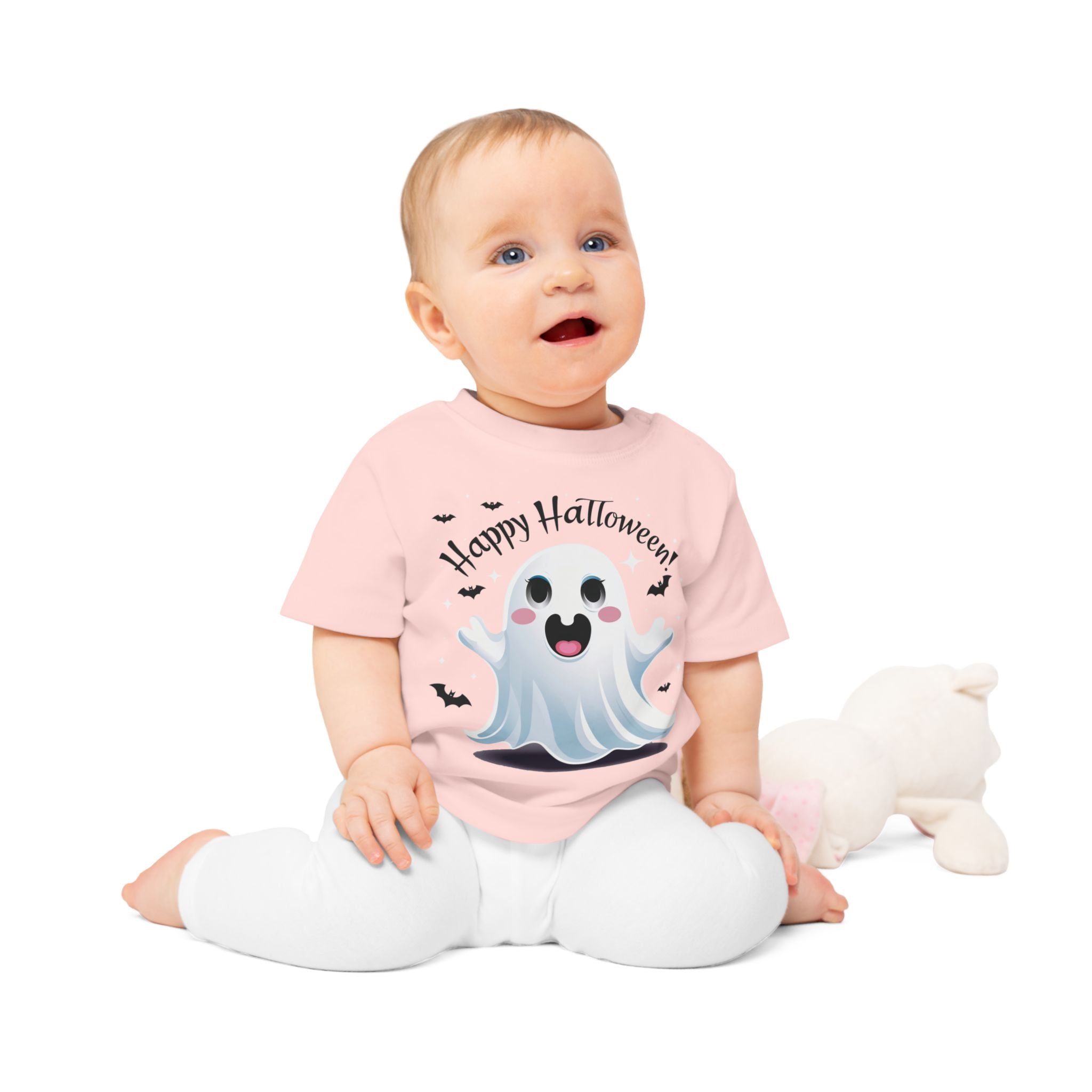 Happy Halloween Kinder T-Shirt – Süßer Geist mit Fledermäusen