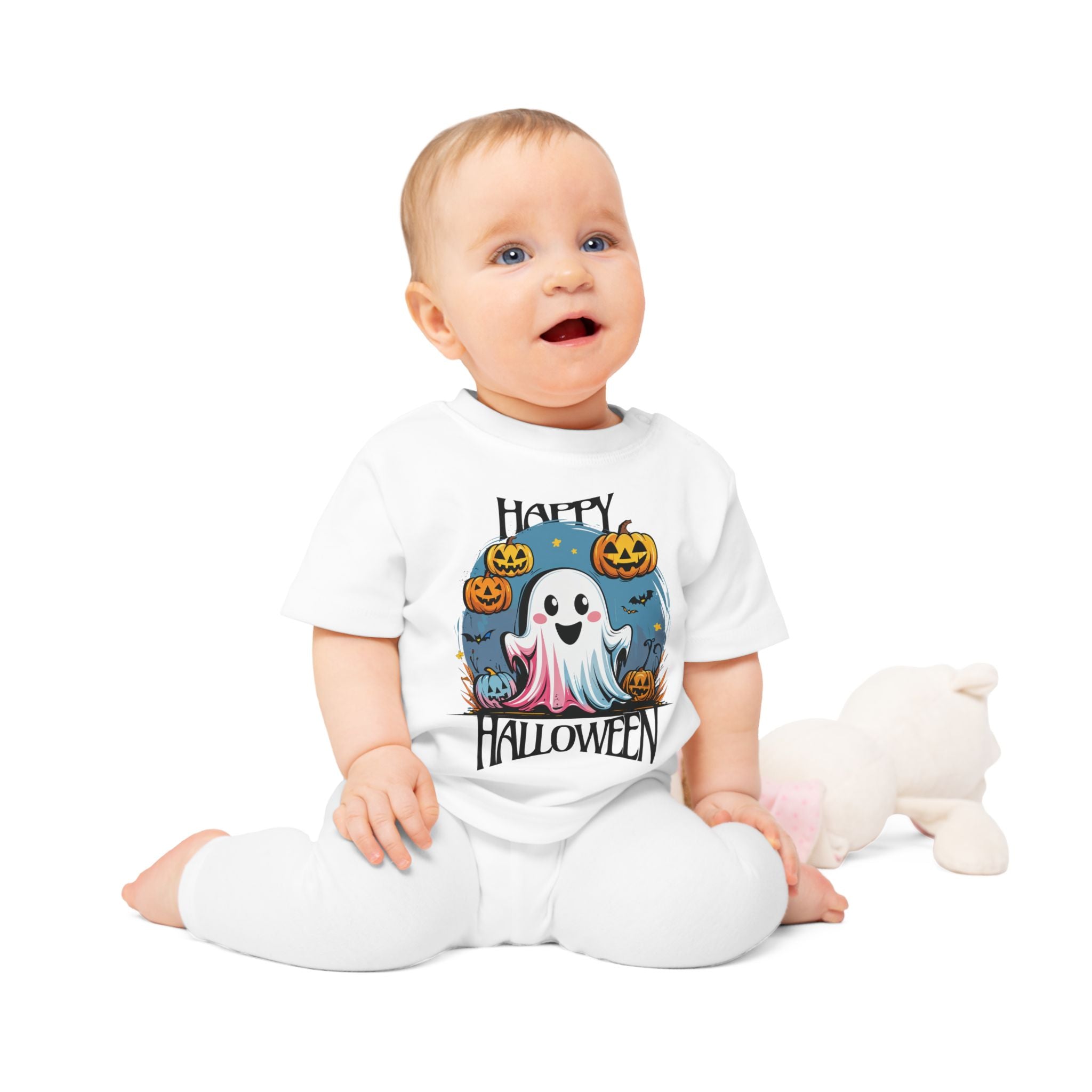 Happy Halloween Kinder T-Shirt – Süßes Geist-Motiv mit Kürbissen