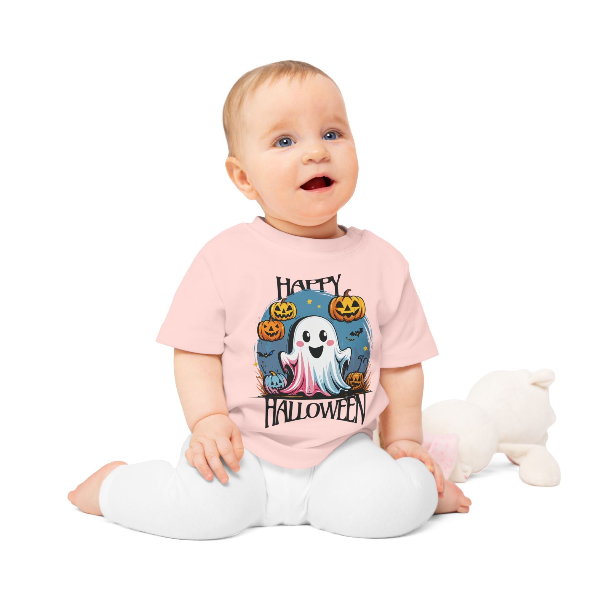 Happy Halloween Kinder T-Shirt – Süßes Geist-Motiv mit Kürbissen
