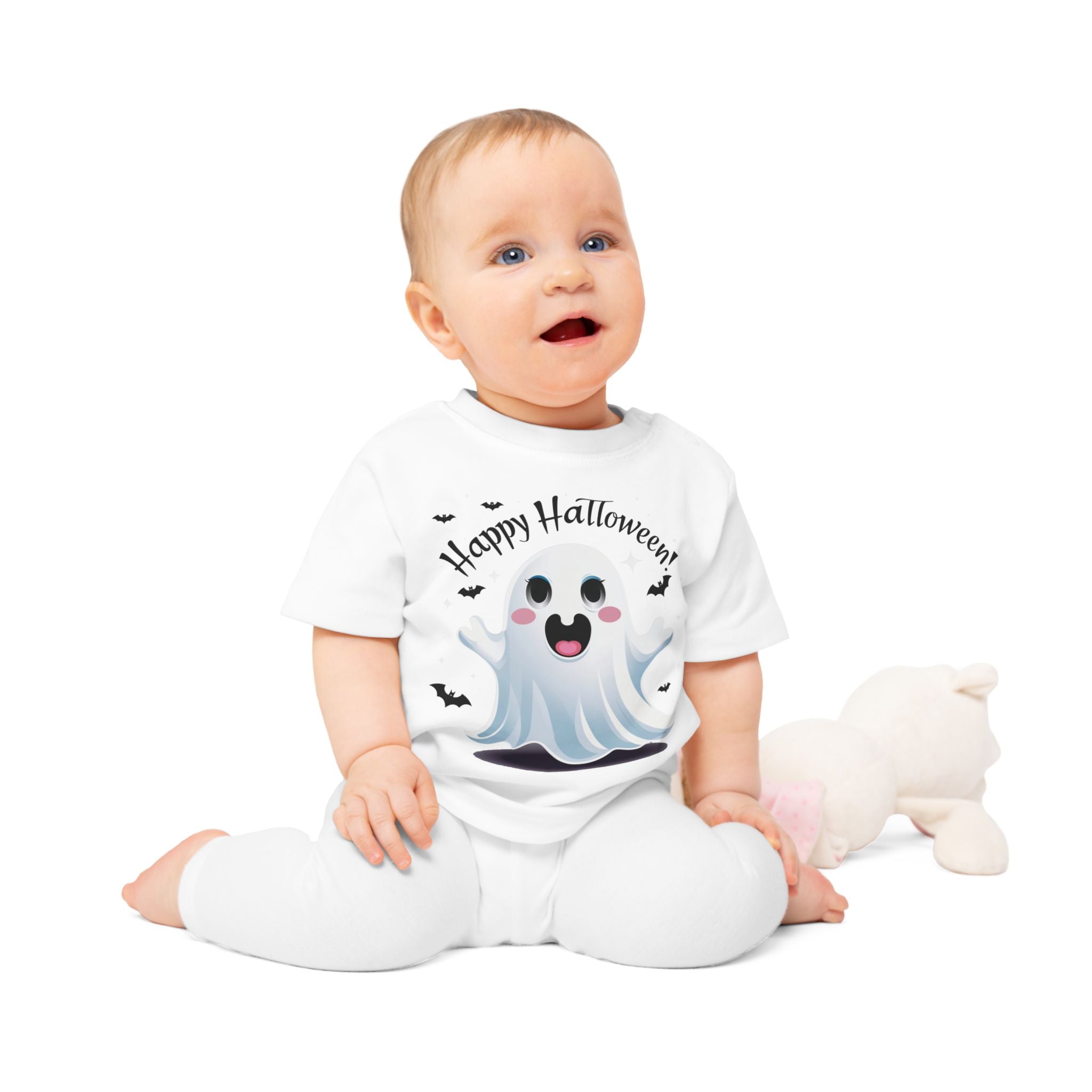 Happy Halloween Kinder T-Shirt – Süßer Geist mit Fledermäusen