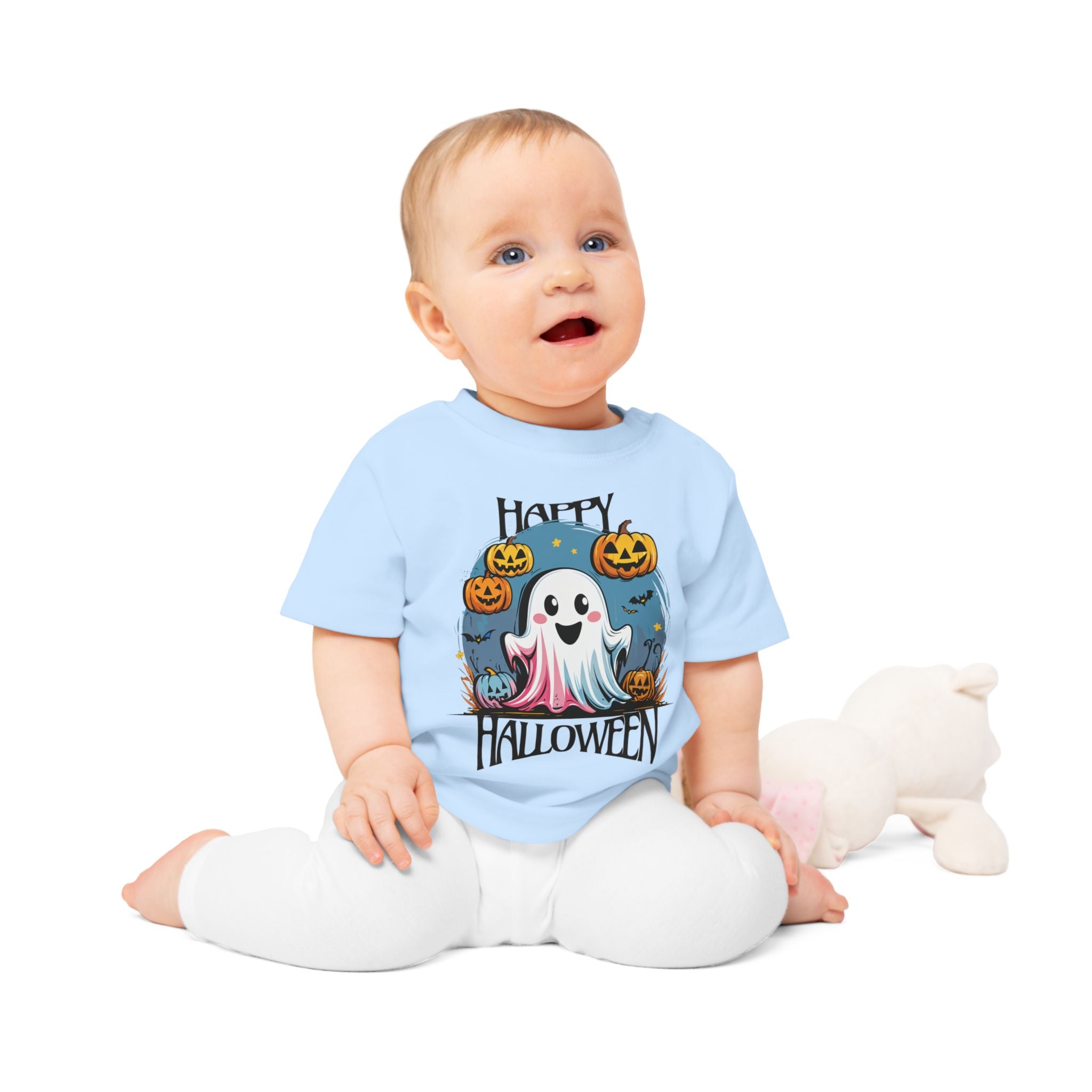 Happy Halloween Kinder T-Shirt – Süßes Geist-Motiv mit Kürbissen
