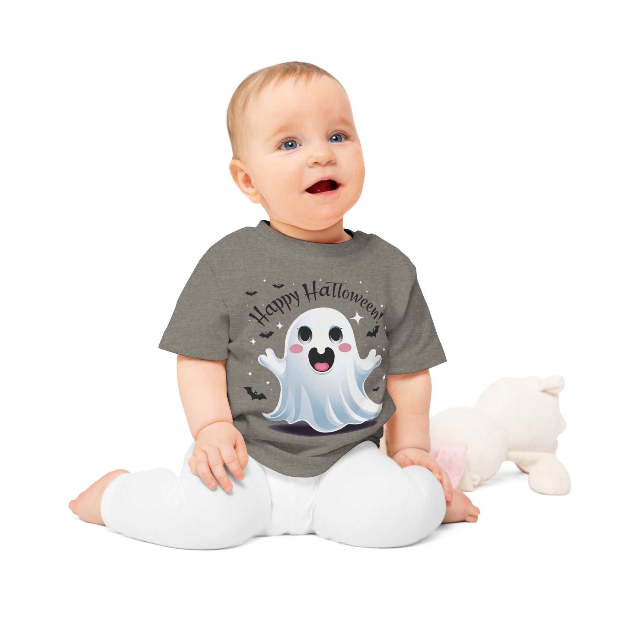 Happy Halloween Kinder T-Shirt – Süßer Geist mit Fledermäusen