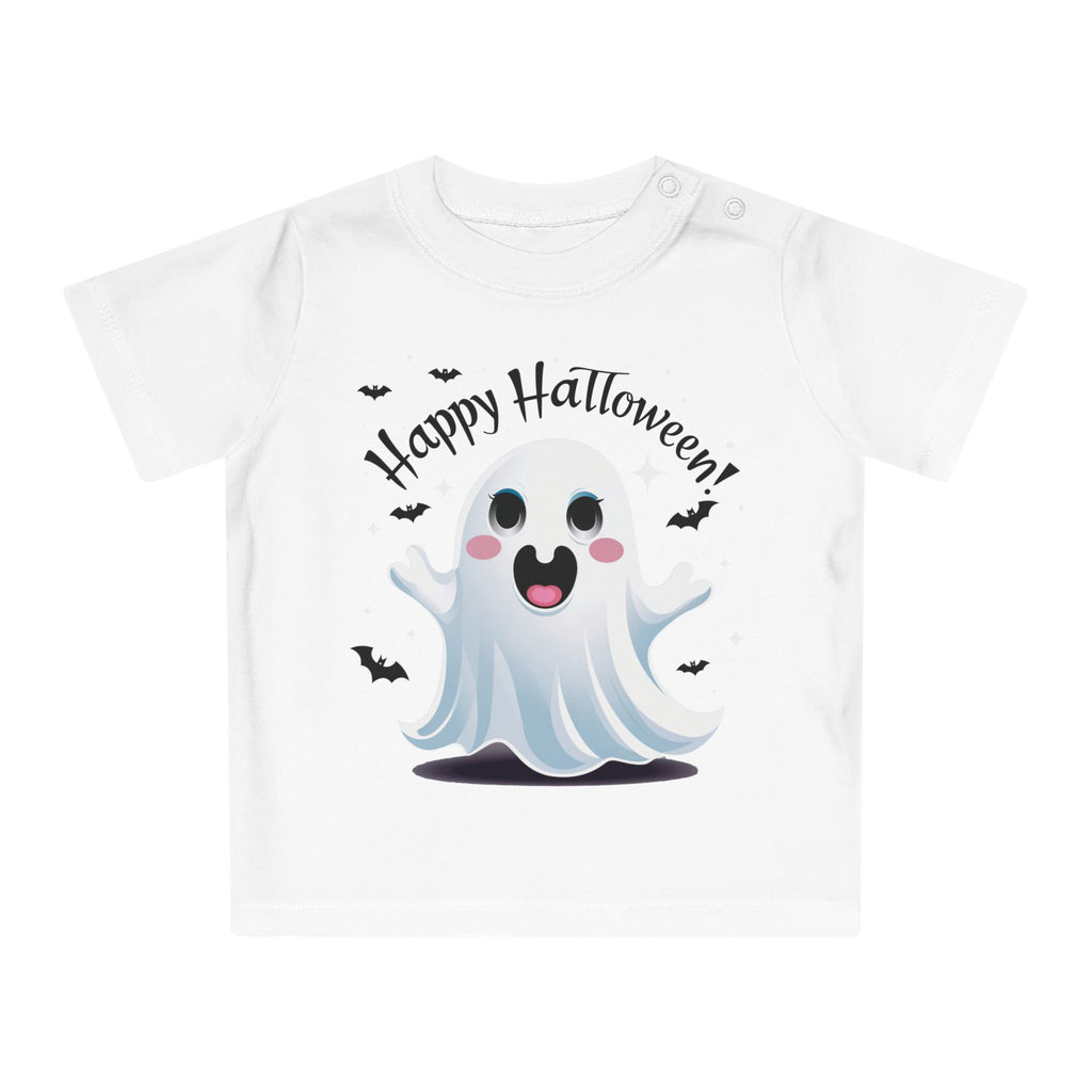 Happy Halloween Kinder T-Shirt – Süßer Geist mit Fledermäusen