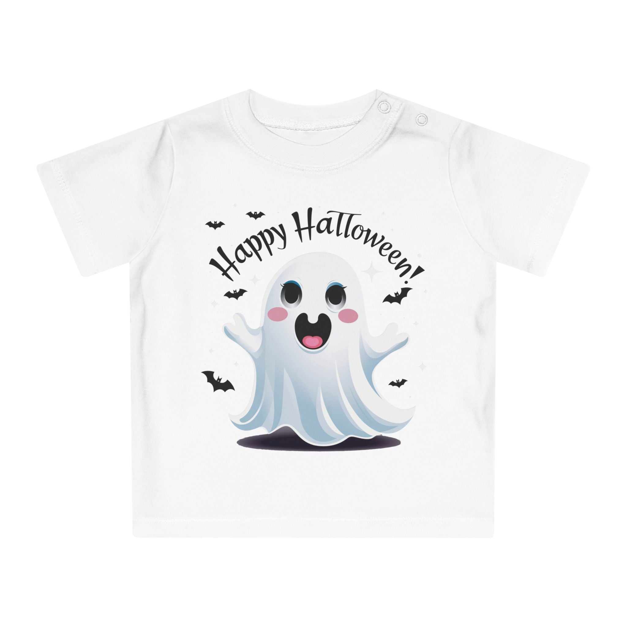 Happy Halloween Kinder T-Shirt – Süßer Geist mit Fledermäusen