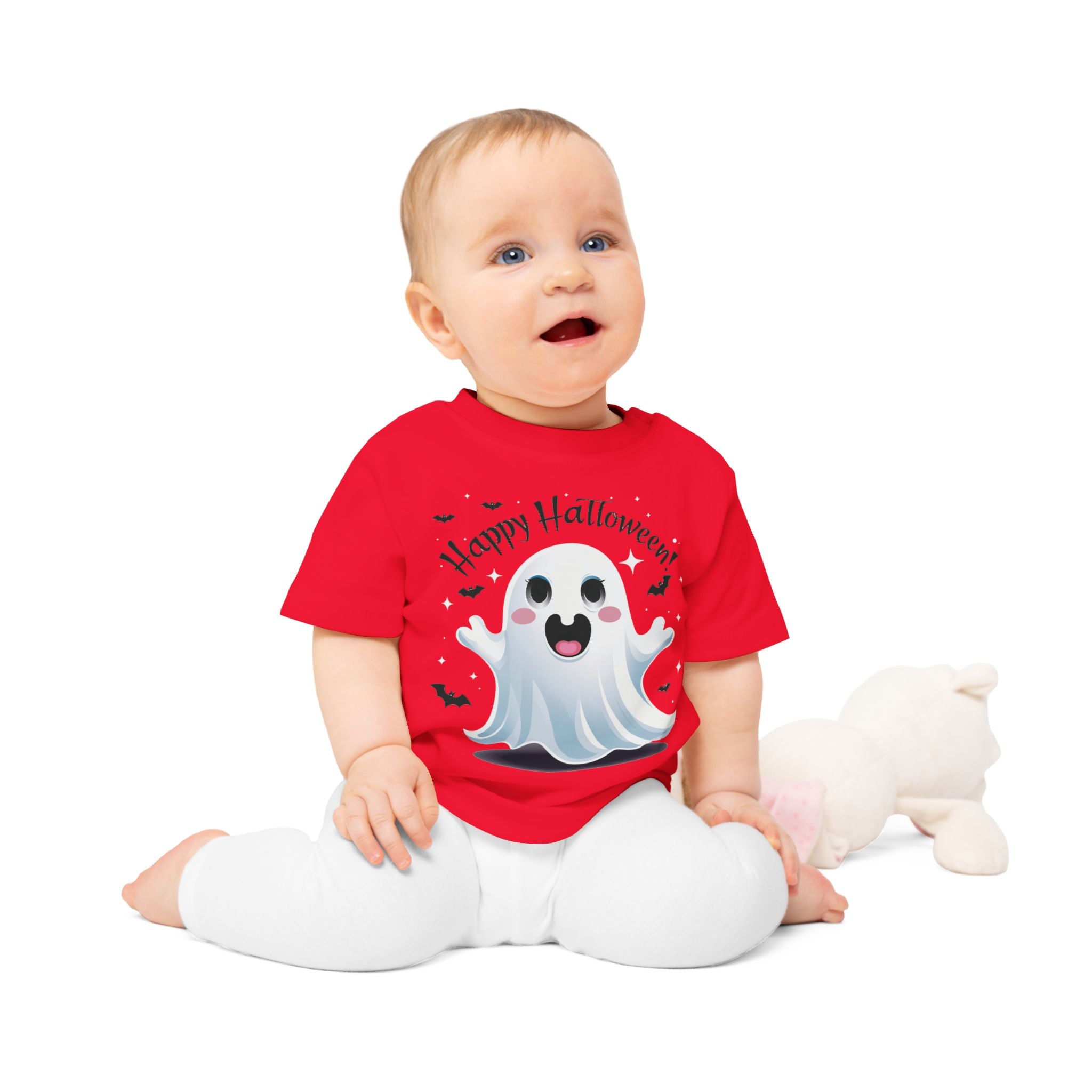 Happy Halloween Kinder T-Shirt – Süßer Geist mit Fledermäusen