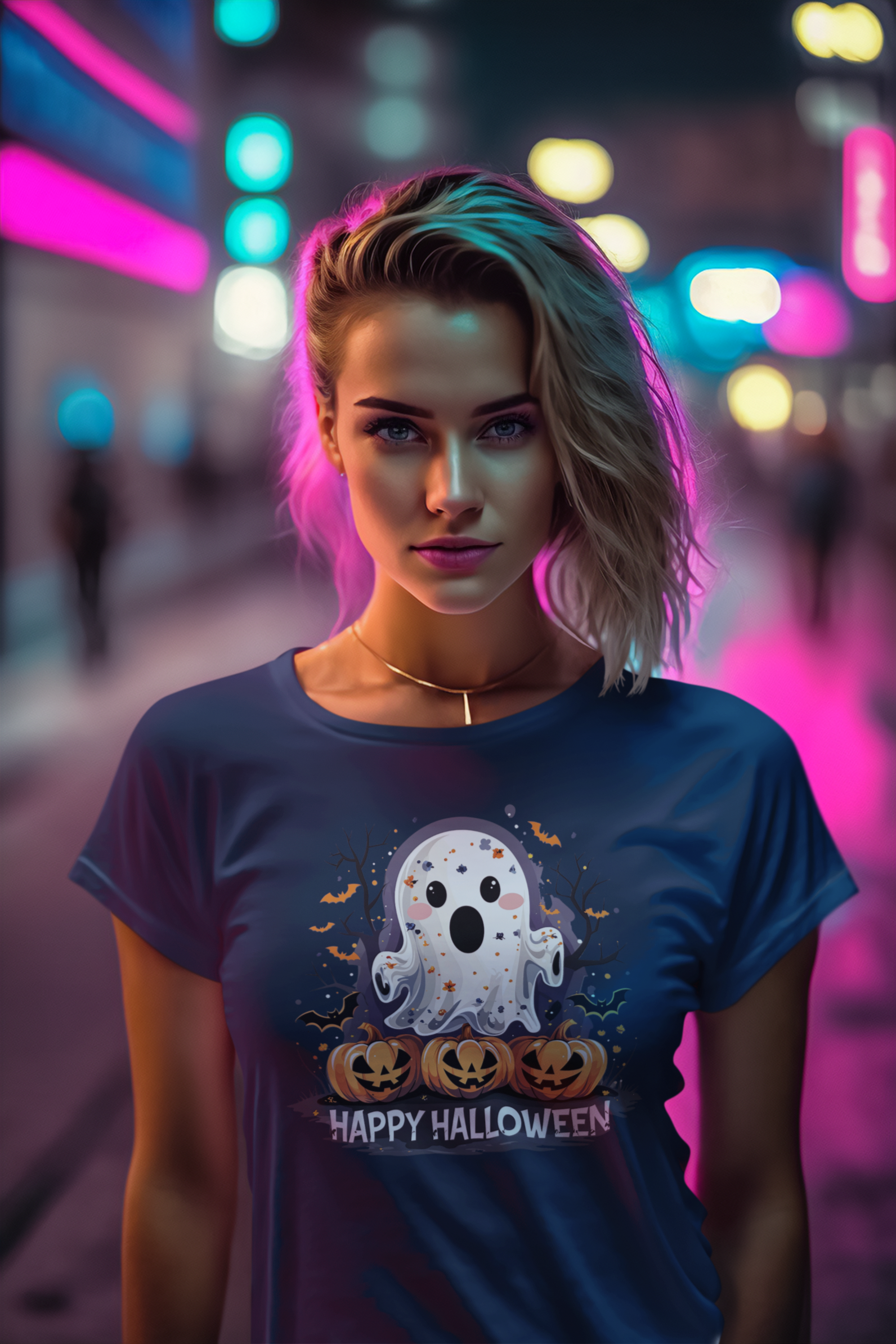 Happy Halloween T-Shirt – Süßes Geist-Motiv mit Kürbissen