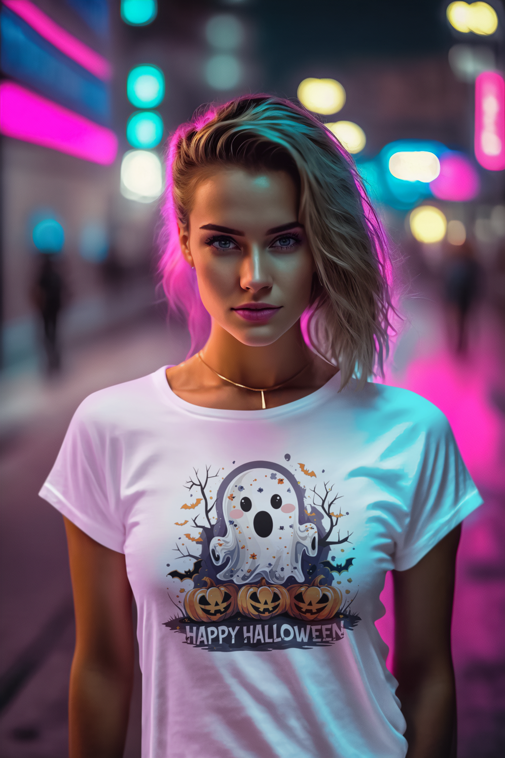 Happy Halloween T-Shirt – Süßes Geist-Motiv mit Kürbissen