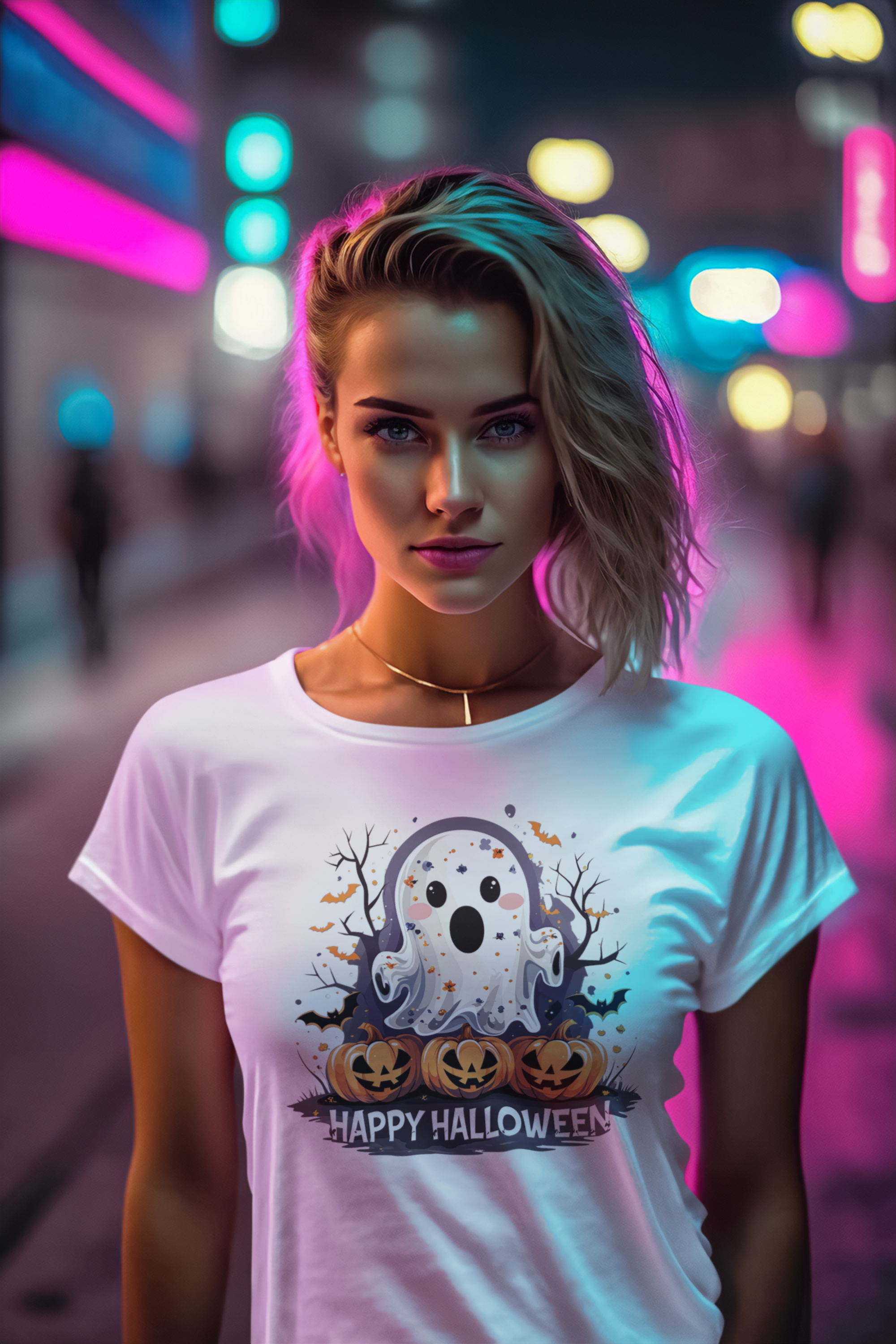 Happy Halloween T-Shirt – Süßes Geist-Motiv mit Kürbissen