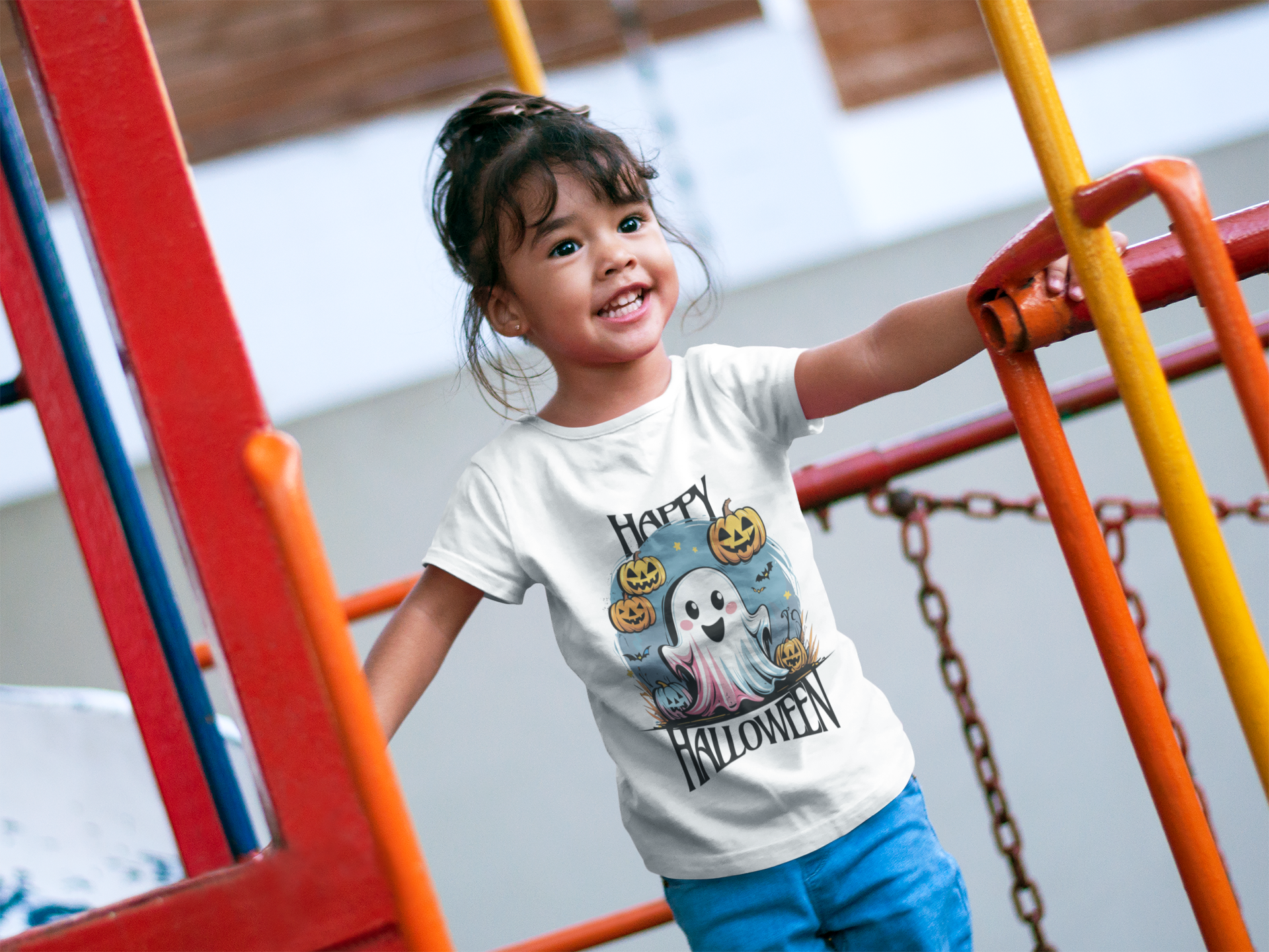 Happy Halloween Kinder T-Shirt – Süßes Geist-Motiv mit Kürbissen