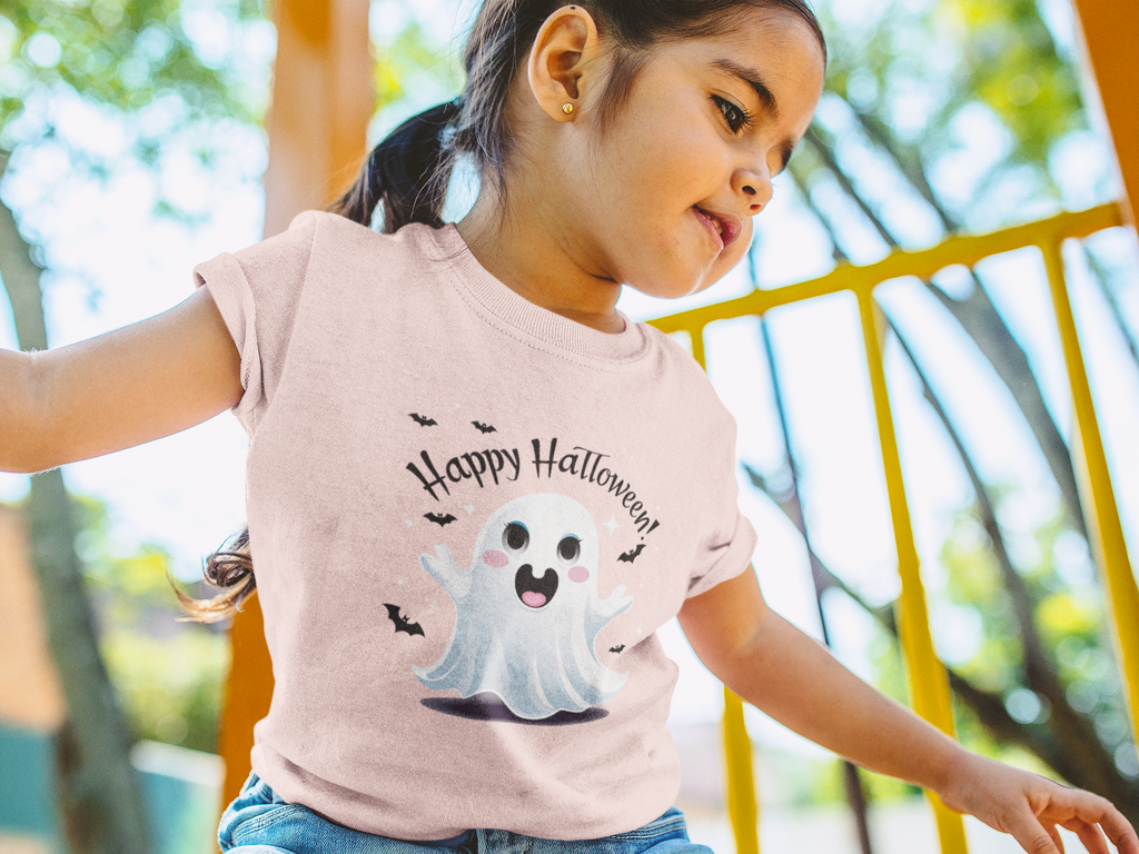 Happy Halloween Kinder T-Shirt – Süßer Geist mit Fledermäusen