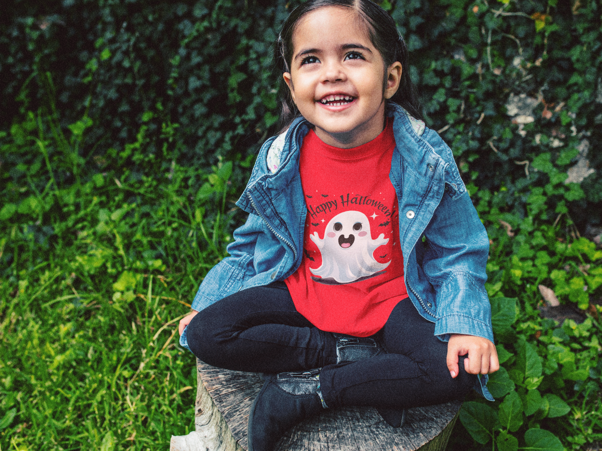 Happy Halloween Kinder T-Shirt – Süßer Geist mit Fledermäusen