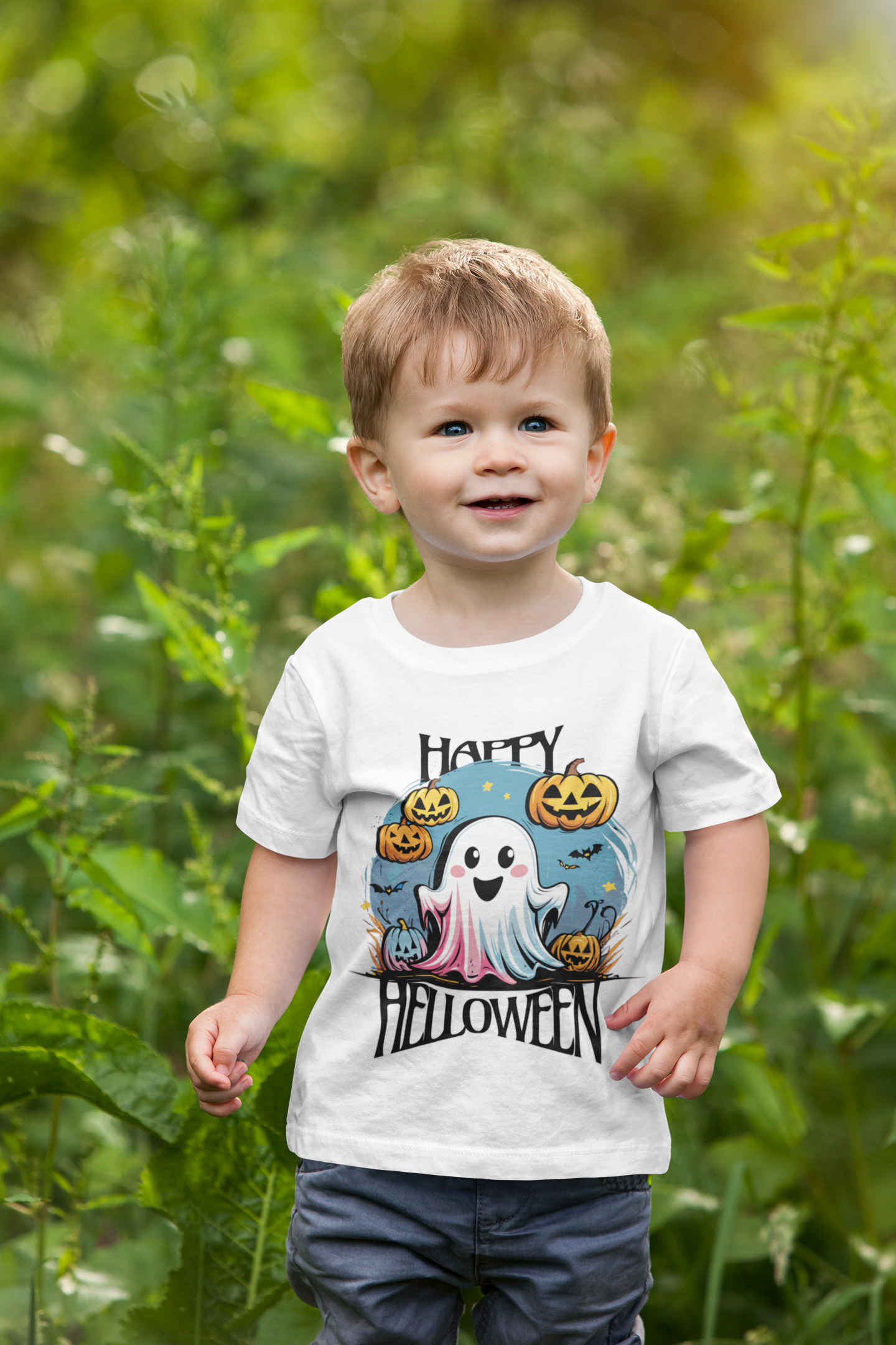 Happy Halloween Kinder T-Shirt – Süßes Geist-Motiv mit Kürbissen