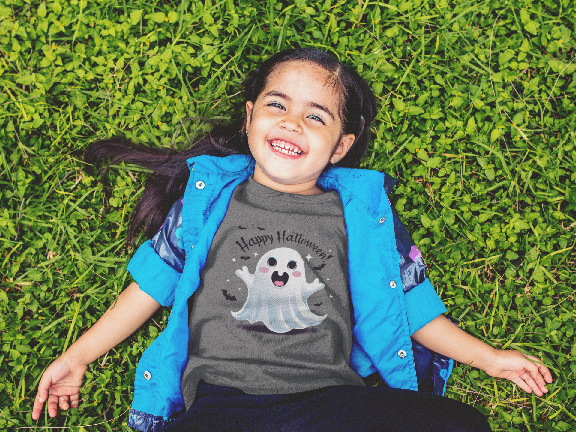 Happy Halloween Kinder T-Shirt – Süßer Geist mit Fledermäusen