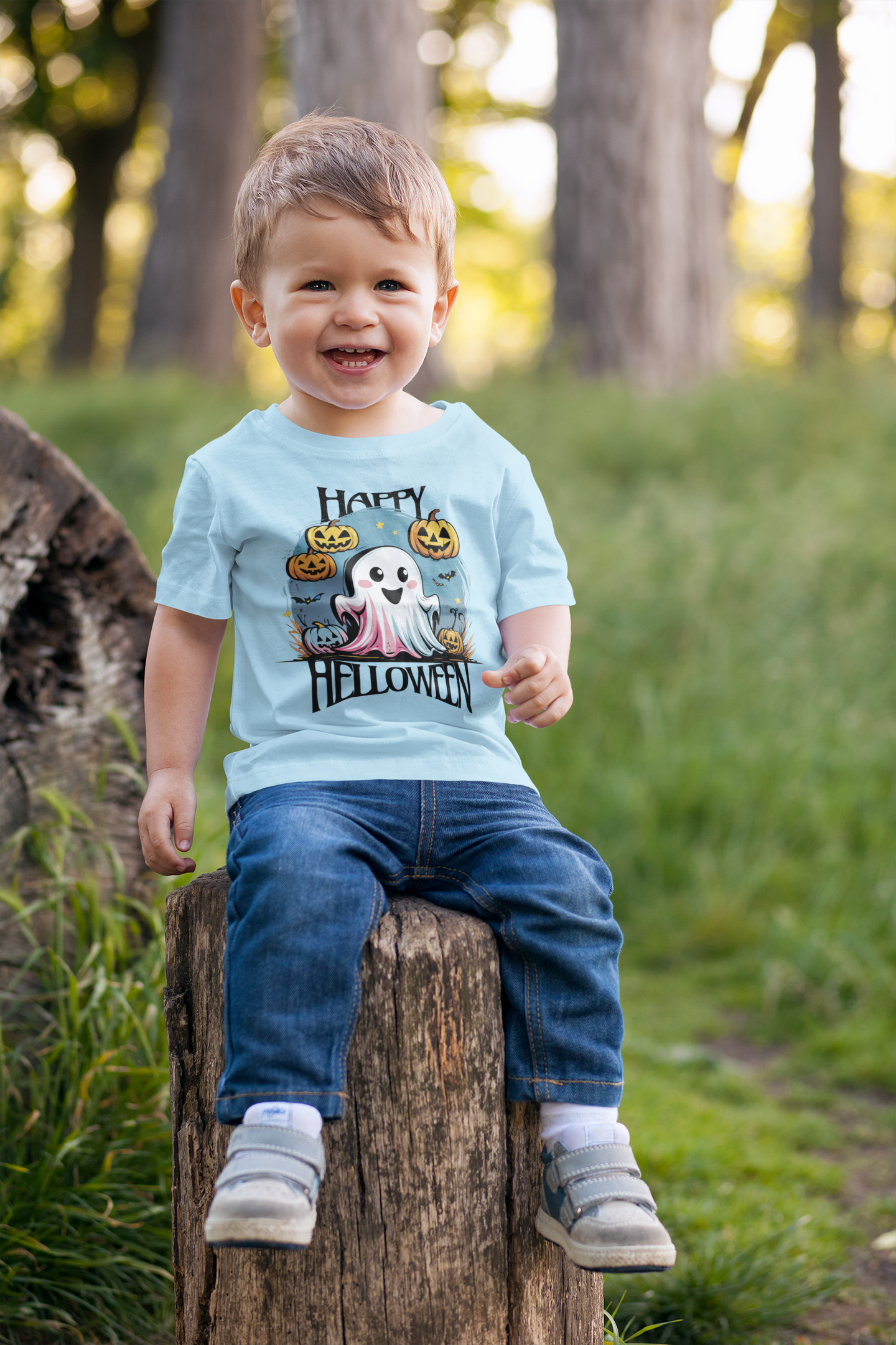 Happy Halloween Kinder T-Shirt – Süßes Geist-Motiv mit Kürbissen